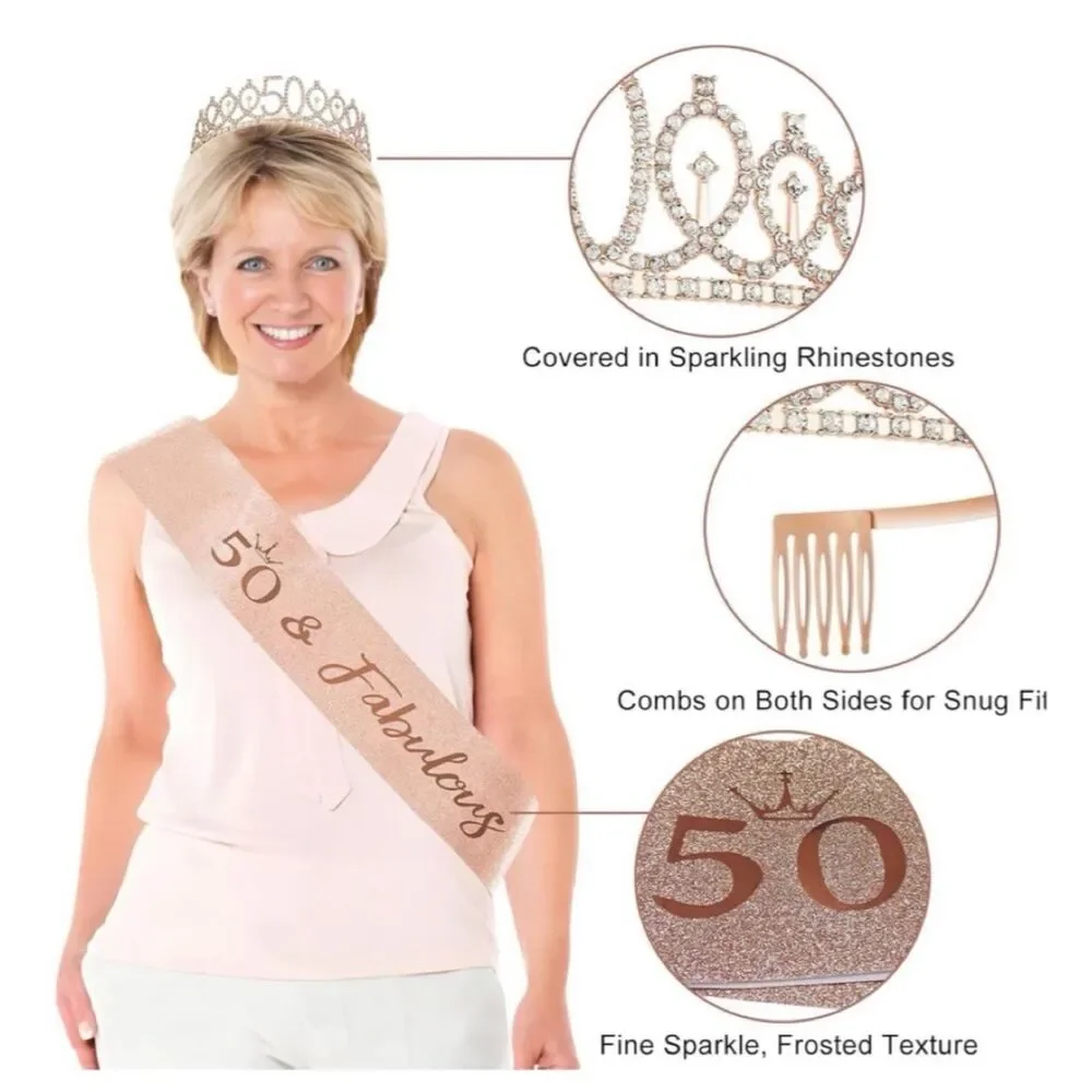 50th Birthday Decorations for Women Black Rose Gold Party Supplies Crown Sash